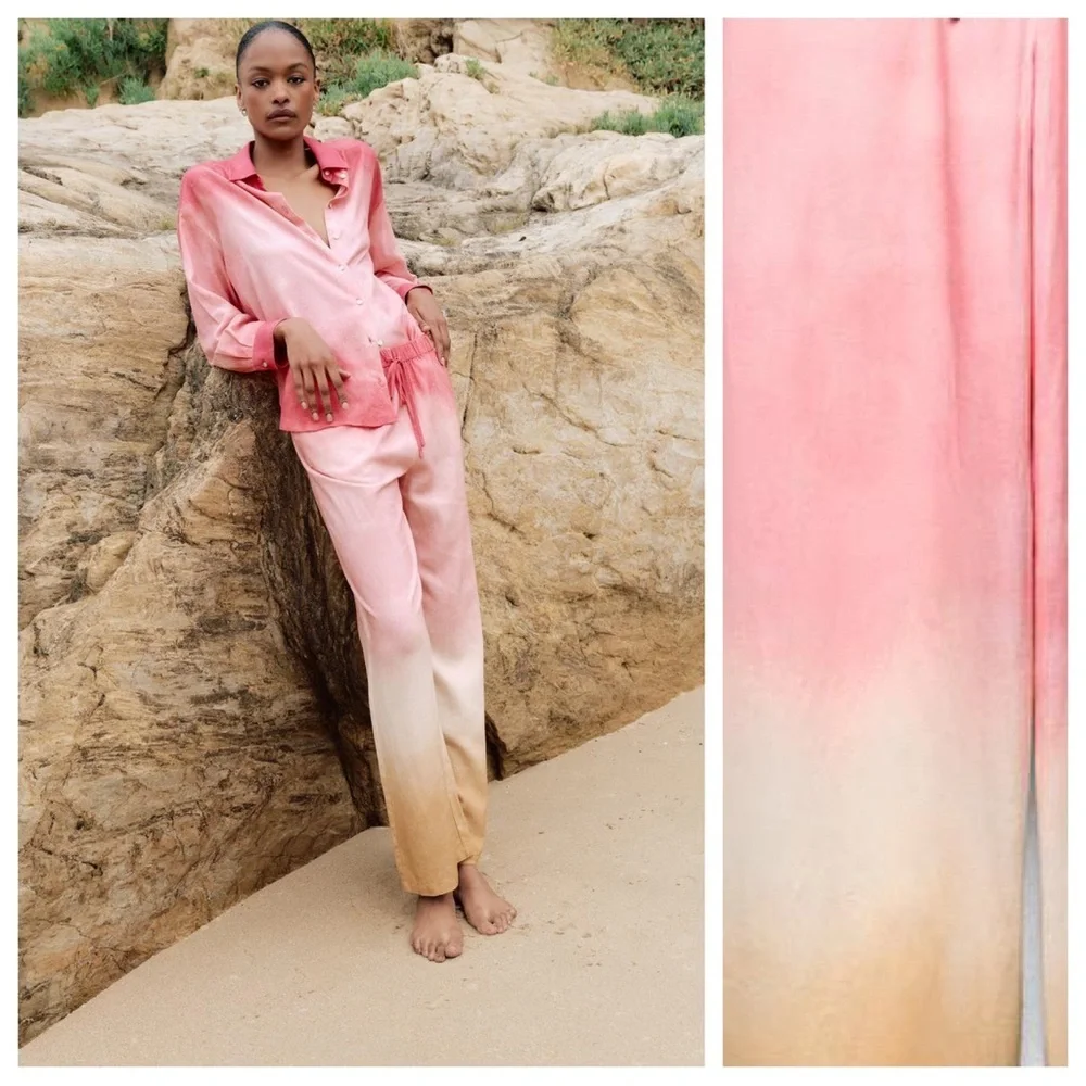 NWT. Zara Pink/Cream Linen Blend Tie-Dye Wide Leg Trousers. Size S.